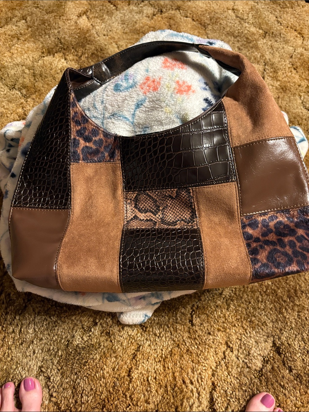 Steve Madden Brown Patchwork Mixed-Texture Shoulder Bag